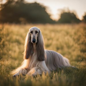 A freshly groomed Afghan Hound enjoying a peaceful moment in the grass.